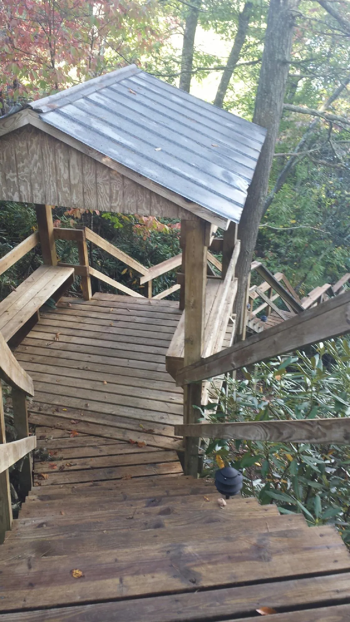 Metal roofed shelter over wooden steps on a wooded walkway — Skylight Repair & Installation work by our crew in Belle